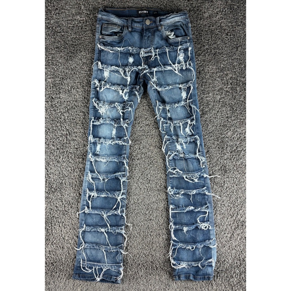 Dash Mens Distressed Shredded Panel Denim Jeans Blue 32x36 Streetwear Slim Fit